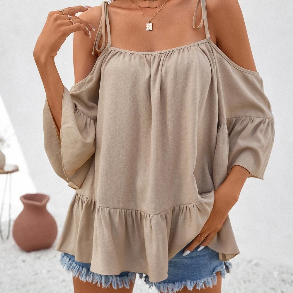 Khaki Boho Womens Cold Shoulder Ruffle Hem Solid Blouse - Picture 5 of 5